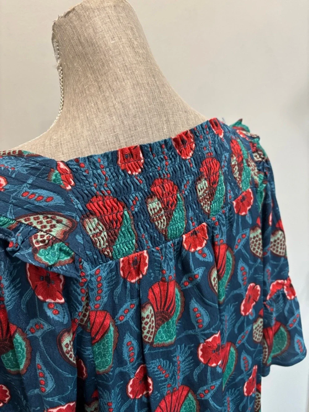 Anthro Maeve Letitia Smocked Floral Blouse Blue Ruffle Top Size Small - Picture 10 of 15